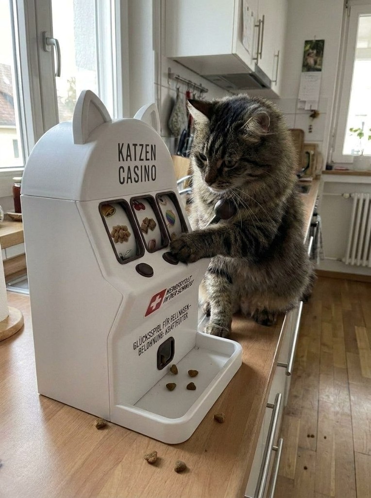 Katzen Casino Schneeweiss in der Küche