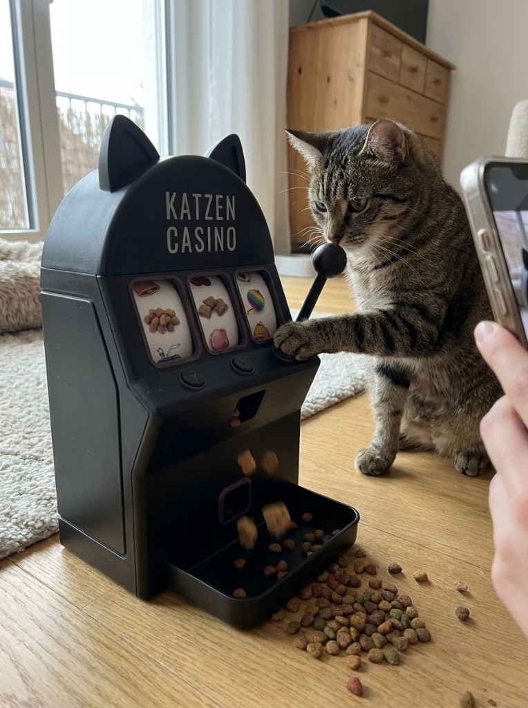 Katzen Casino Nachtschwarz, Katze zieht am Hebel
